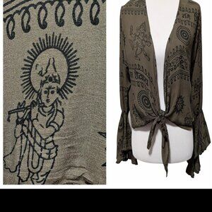 Rhea Womens Size L/XL Olive Green Hindu Ganesh Tie Front Flare Cuff Crop Top